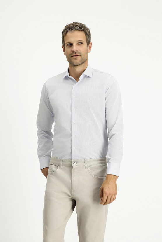 Erkek Giyim - Uzun Kol Slim Fit Dar Kesim Çizgili Pamuklu Klasik Non Iron Gömlek