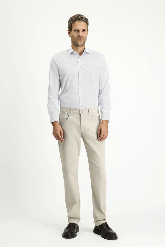 Erkek Giyim - Uzun Kol Slim Fit Dar Kesim Çizgili Pamuklu Klasik Non Iron Gömlek