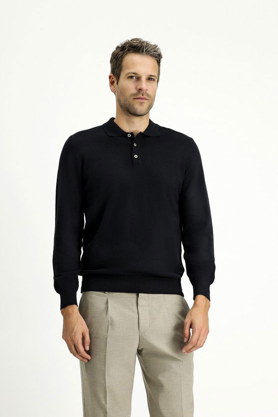 Erkek Giyim - Polo Yaka Regular Fit Pamuklu Kaşmirli Triko Kazak