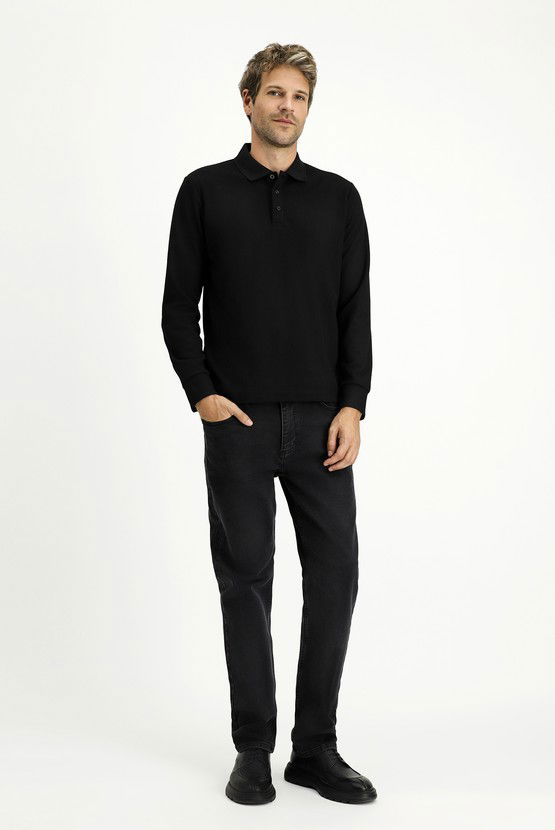 Erkek Giyim - Polo Yaka Regular Fit Desenli Sweatshirt