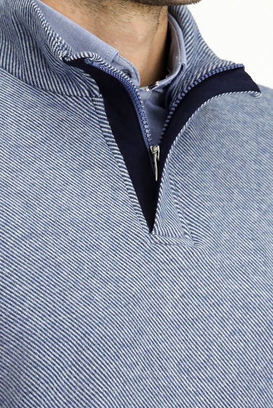 Erkek Giyim - Bato Yaka Regular Fit Çizgili Fermuarlı Sweatshirt