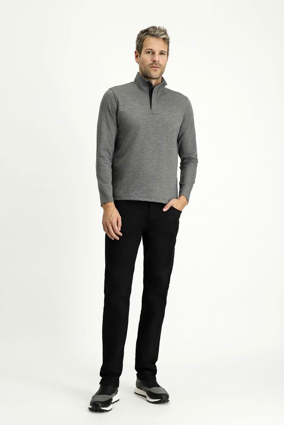 Erkek Giyim - Bato Yaka Regular Fit Fermuarlı Sweatshirt