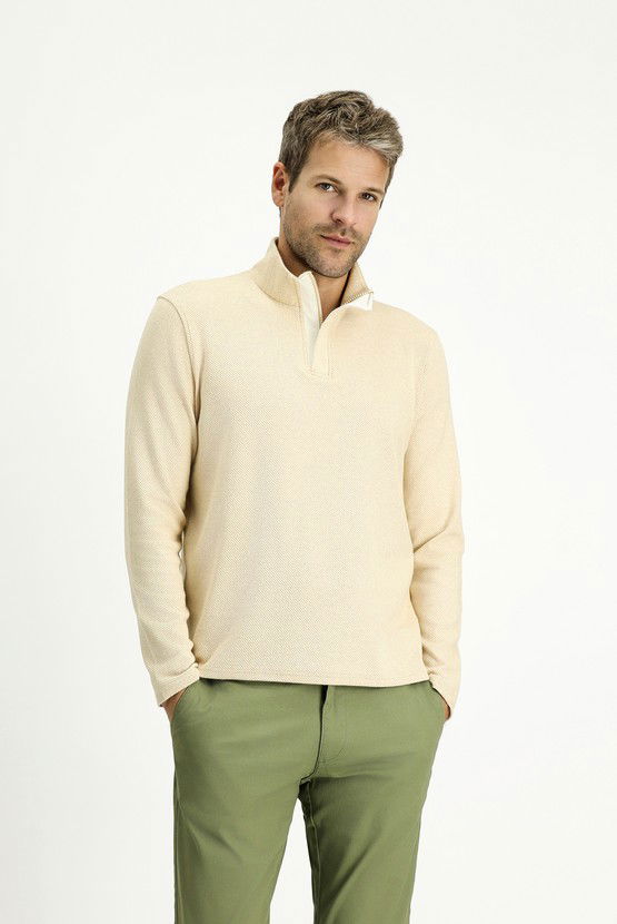 Erkek Giyim - Bato Yaka Regular Fit Fermuarlı Çizgili Pamuklu Sweatshirt