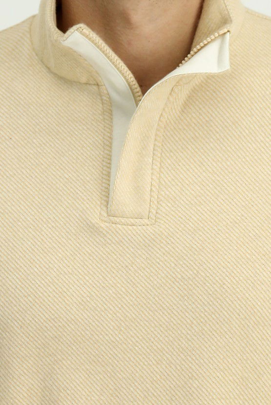 Erkek Giyim - Bato Yaka Regular Fit Fermuarlı Çizgili Pamuklu Sweatshirt