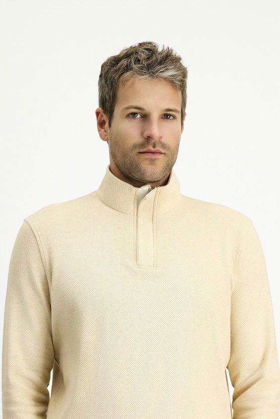 Erkek Giyim - Bato Yaka Regular Fit Fermuarlı Çizgili Pamuklu Sweatshirt
