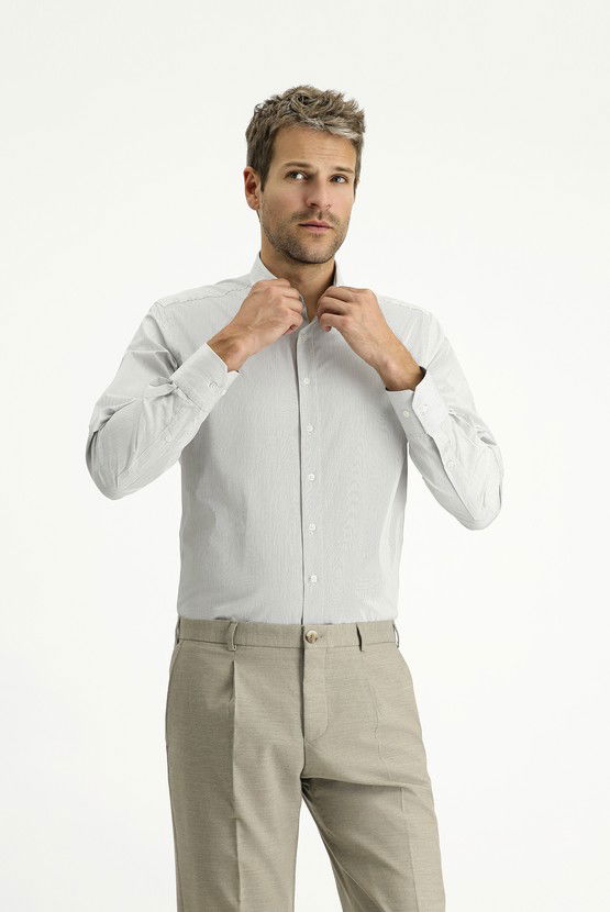 Erkek Giyim - Uzun Kol Slim Fit Dar Kesim Pamuk Çizgili Klasik Gömlek