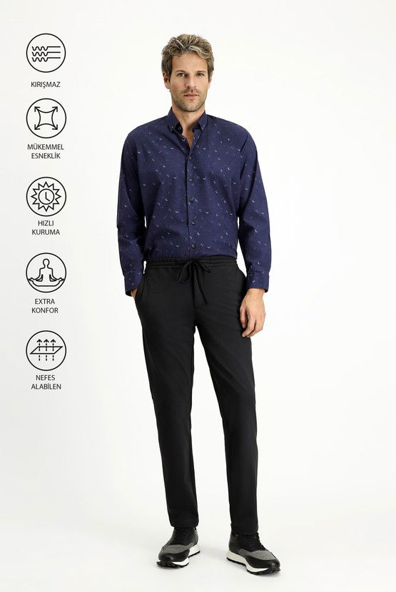 Erkek Giyim - Techno-Line Slim Fit Dar Kesim Likralı Beli Lastikli İpli Klasik Kumaş Pantolon