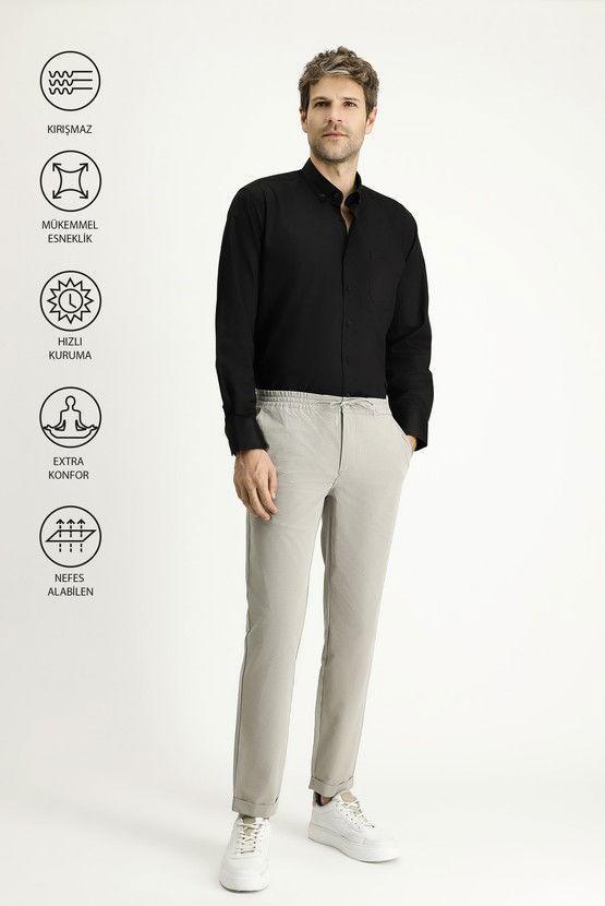 Erkek Giyim - Techno-Line Slim Fit Ekstra Dar Kesim Beli Lastikli İpli Klasik Kumaş Pantolon
