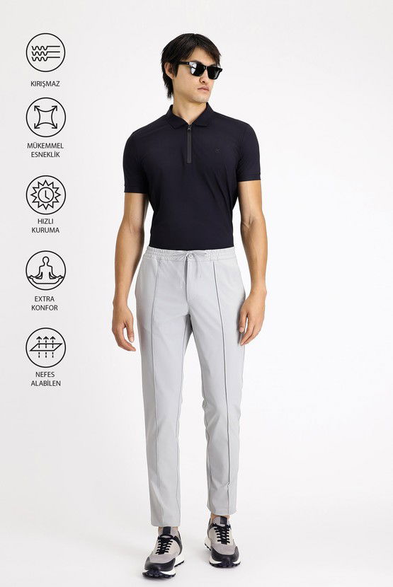 Erkek Giyim - Techno-Line Super Slim Fit Ekstra Dar Kesim Likralı Beli Lastikli İpli Klasik Kumaş Pantolon