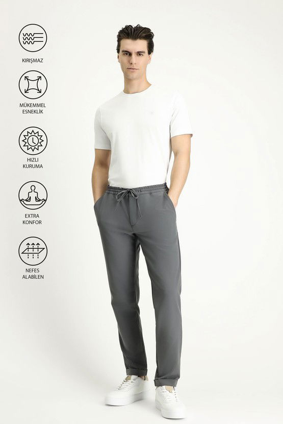 Erkek Giyim - Techno-Line Slim Fit Dar Kesim Beli Lastikli İpli Likralı Klasik Kumaş Pantolon