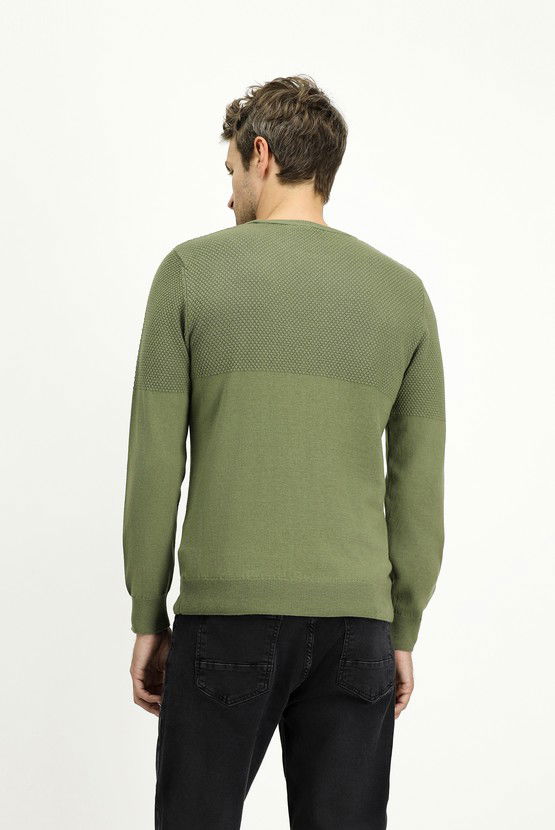 Erkek Giyim - Bisiklet Yaka Slim Fit Dar Kesim Desenli Pamuklu Triko Kazak