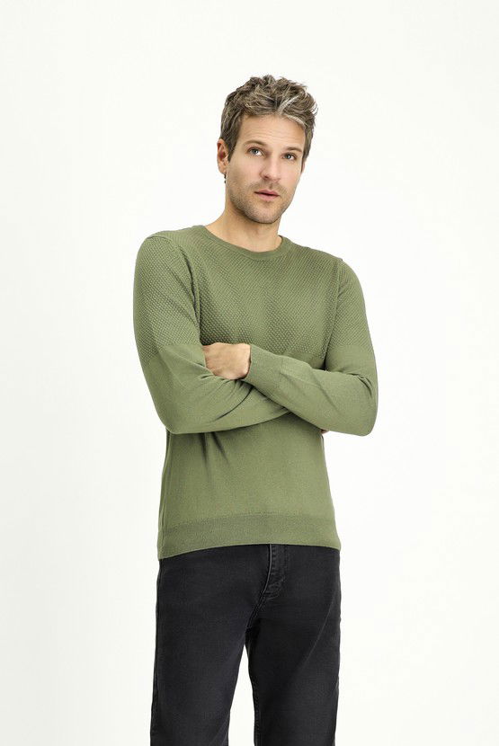 Erkek Giyim - Bisiklet Yaka Slim Fit Dar Kesim Desenli Pamuklu Triko Kazak