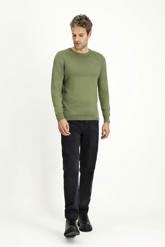 Erkek Giyim - Bisiklet Yaka Slim Fit Dar Kesim Desenli Pamuklu Triko Kazak