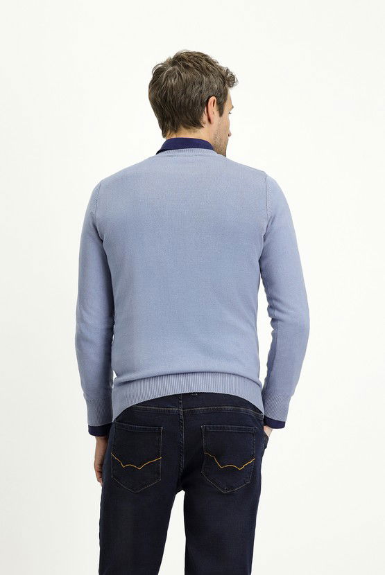 Erkek Giyim - Bisiklet Yaka Slim Fit Dar Kesim Desenli Pamuklu Triko Kazak