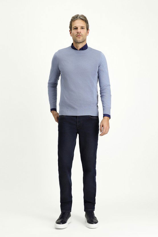 Erkek Giyim - Bisiklet Yaka Slim Fit Dar Kesim Desenli Pamuklu Triko Kazak