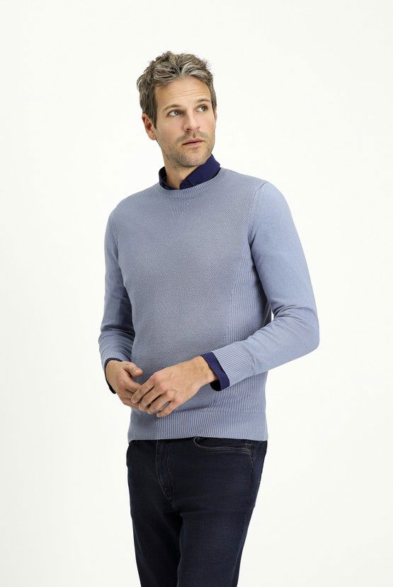 Erkek Giyim - Bisiklet Yaka Slim Fit Dar Kesim Desenli Pamuklu Triko Kazak