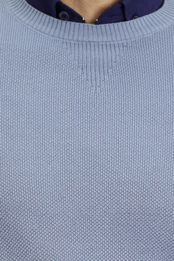 Erkek Giyim - Bisiklet Yaka Slim Fit Dar Kesim Desenli Pamuklu Triko Kazak