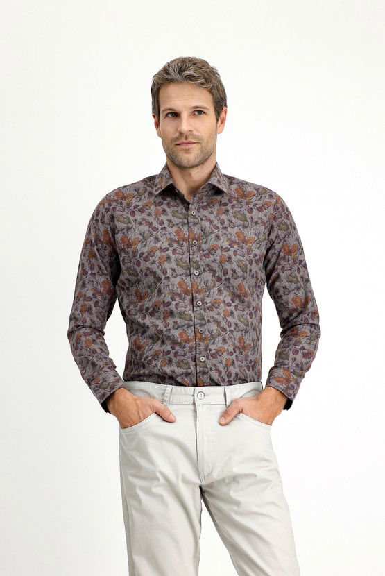 Erkek Giyim - Uzun Kol Slim Fit Dar Kesim Baskılı Pamuklu Kolay Ütülenebilir Gömlek