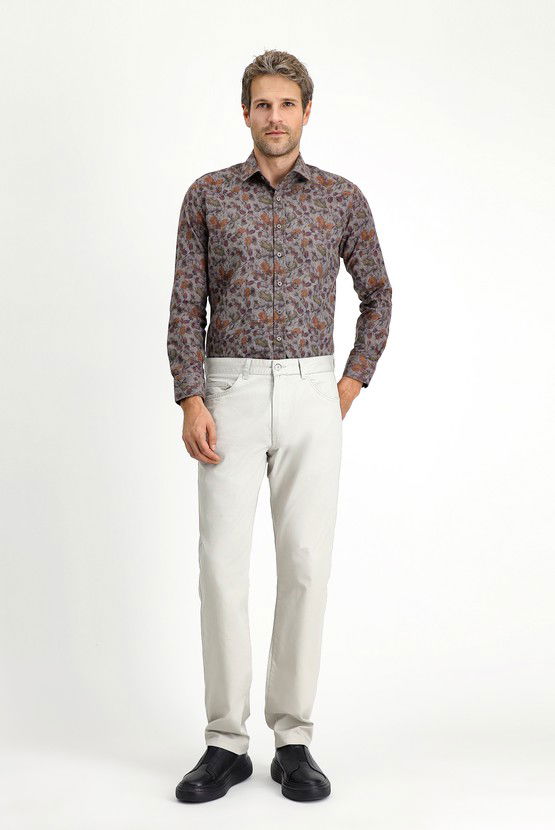 Erkek Giyim - Uzun Kol Slim Fit Dar Kesim Baskılı Pamuklu Kolay Ütülenebilir Gömlek