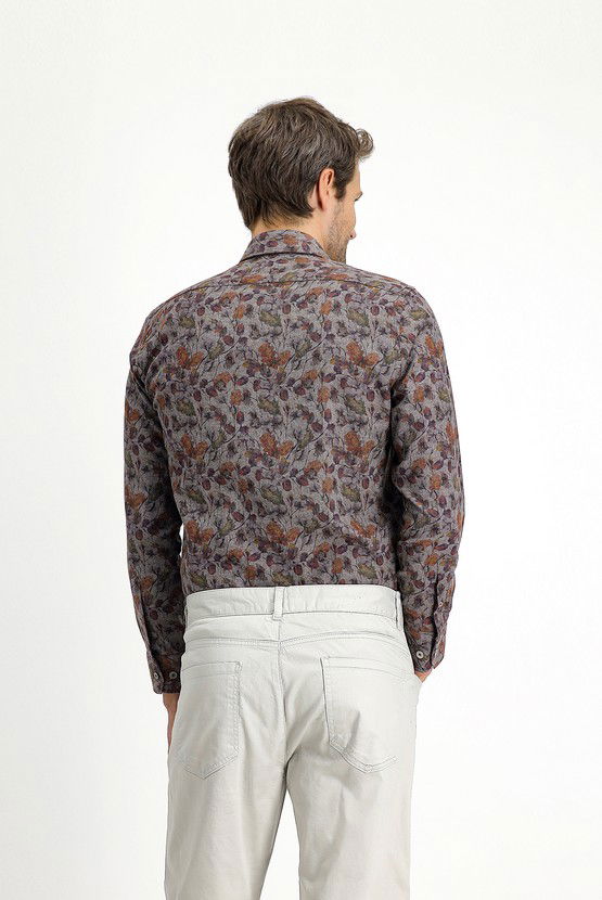 Erkek Giyim - Uzun Kol Slim Fit Dar Kesim Baskılı Pamuklu Kolay Ütülenebilir Gömlek