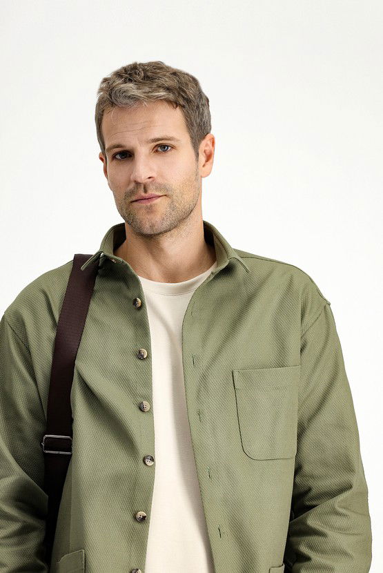 Erkek Giyim - Uzun Kol Oversize Desenli Shacket Pamuk Gömlek / Mont