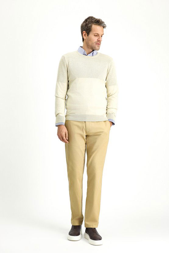 Erkek Giyim - Bisiklet Yaka Slim Fit Dar Kesim Desenli Pamuklu Triko Kazak