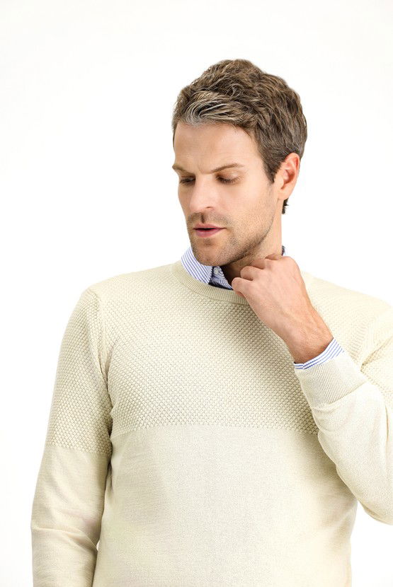 Erkek Giyim - Bisiklet Yaka Slim Fit Dar Kesim Desenli Pamuklu Triko Kazak