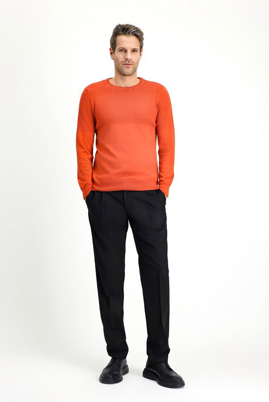 Erkek Giyim - Bisiklet Yaka Slim Fit Dar Kesim Desenli Pamuklu Triko Kazak