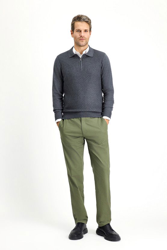 Erkek Giyim - Polo Yaka Regular Fit Fermuarlı Desenli Pamuklu Triko Kazak