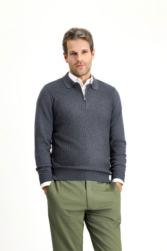 Erkek Giyim - Polo Yaka Regular Fit Fermuarlı Desenli Pamuklu Triko Kazak