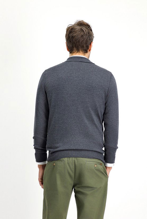 Erkek Giyim - Polo Yaka Regular Fit Fermuarlı Desenli Pamuklu Triko Kazak