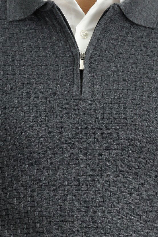 Erkek Giyim - Polo Yaka Regular Fit Fermuarlı Desenli Pamuklu Triko Kazak