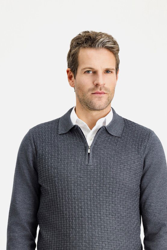 Erkek Giyim - Polo Yaka Regular Fit Fermuarlı Desenli Pamuklu Triko Kazak