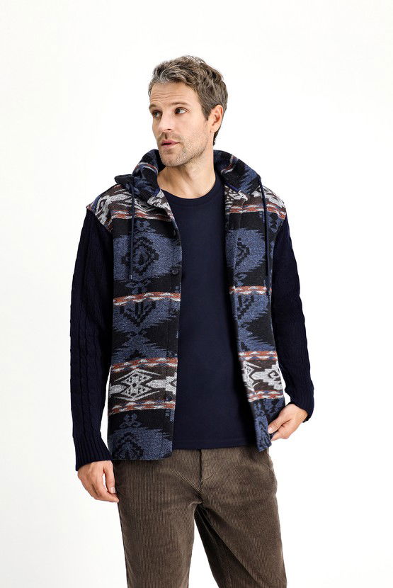 Erkek Giyim - Kapüşonlu Uzun Kol Oversize Desenli Shacket Oduncu Pamuklu Gömlek / Mont