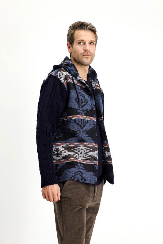 Erkek Giyim - Kapüşonlu Uzun Kol Oversize Desenli Shacket Oduncu Pamuklu Gömlek / Mont