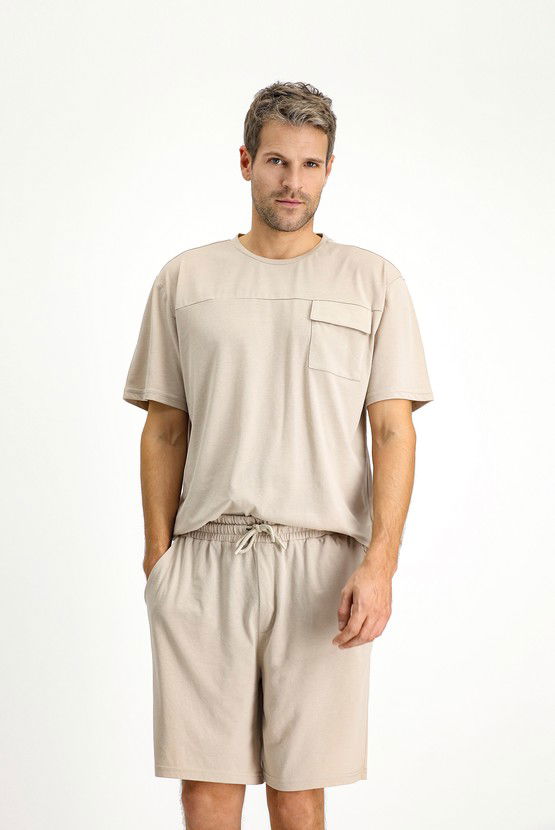 Erkek Giyim - Kısa Kol Bisiklet Yaka 3'lü Şortlu Pijama Seti