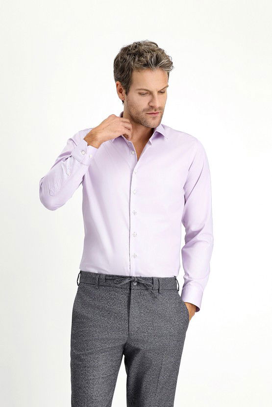 Erkek Giyim - Uzun Kol Slim Fit Dar Kesim Klasik Non Iron Saten Pamuklu Gömlek