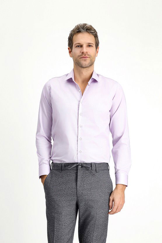 Erkek Giyim - Uzun Kol Slim Fit Dar Kesim Klasik Non Iron Saten Pamuklu Gömlek