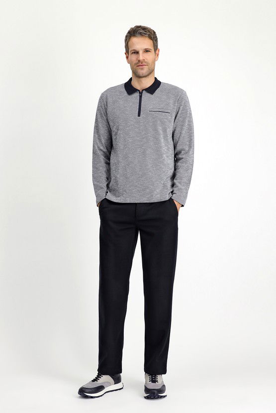 Erkek Giyim - Polo Yaka Regular Fit Desenli Fermuarlı Pamuklu Sweatshirt