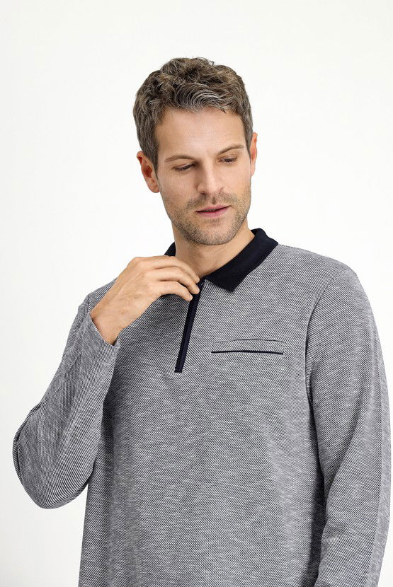 Erkek Giyim - Polo Yaka Regular Fit Desenli Fermuarlı Pamuklu Sweatshirt