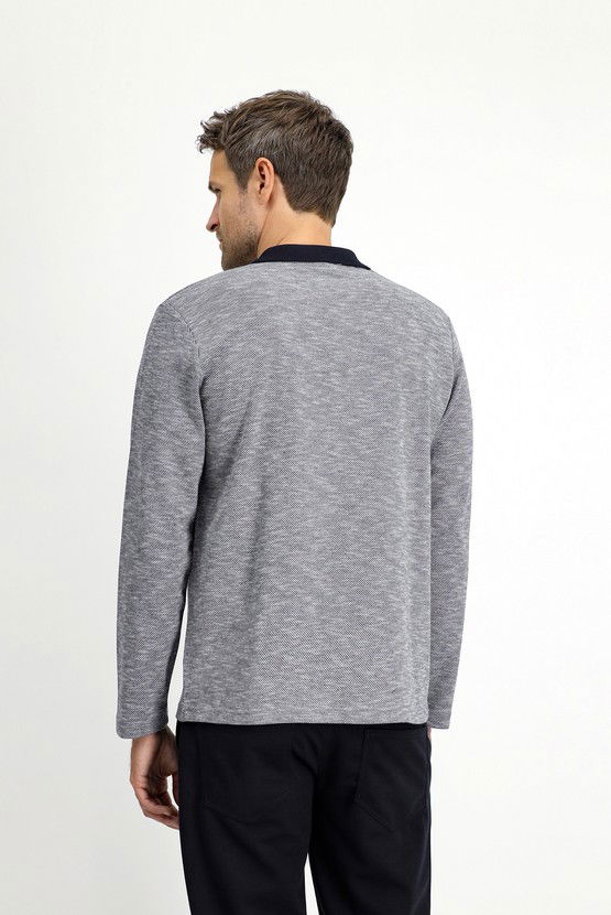 Erkek Giyim - Polo Yaka Regular Fit Desenli Fermuarlı Pamuklu Sweatshirt