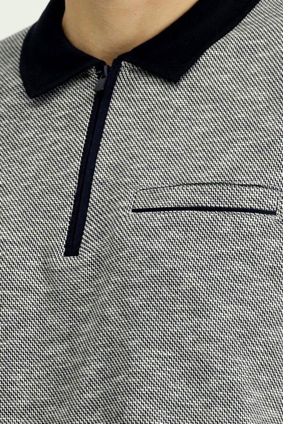 Erkek Giyim - Polo Yaka Regular Fit Desenli Fermuarlı Pamuklu Sweatshirt