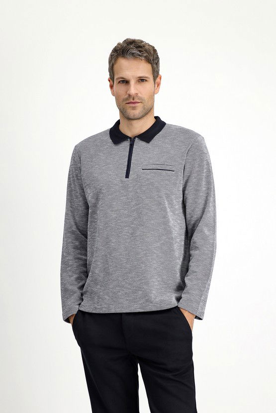 Erkek Giyim - Polo Yaka Regular Fit Desenli Fermuarlı Pamuklu Sweatshirt