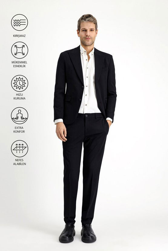 Erkek Giyim - Techno-Line Slim Fit Dar Kesim Likralı Örme Klasik Kumaş Pantolon