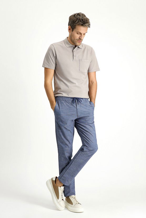 Erkek Giyim - Slim Fit Dar Kesim Beli Lastikli İpli Desenli Likralı Pantolon