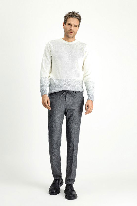 Erkek Giyim - Super Slim Fit Ekstra Dar Kesim Beli Lastikli İpli Desenli Likralı Klasik Kumaş Pantolon