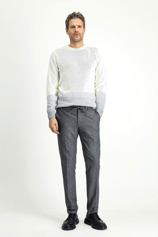 Erkek Giyim - Super Slim Fit Ekstra Dar Kesim Beli Lastikli İpli Desenli Likralı Klasik Kumaş Pantolon