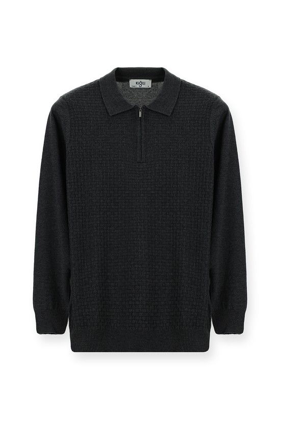 Erkek Giyim - Polo Yaka Regular Fit Fermuarlı Desenli Pamuklu Triko Kazak