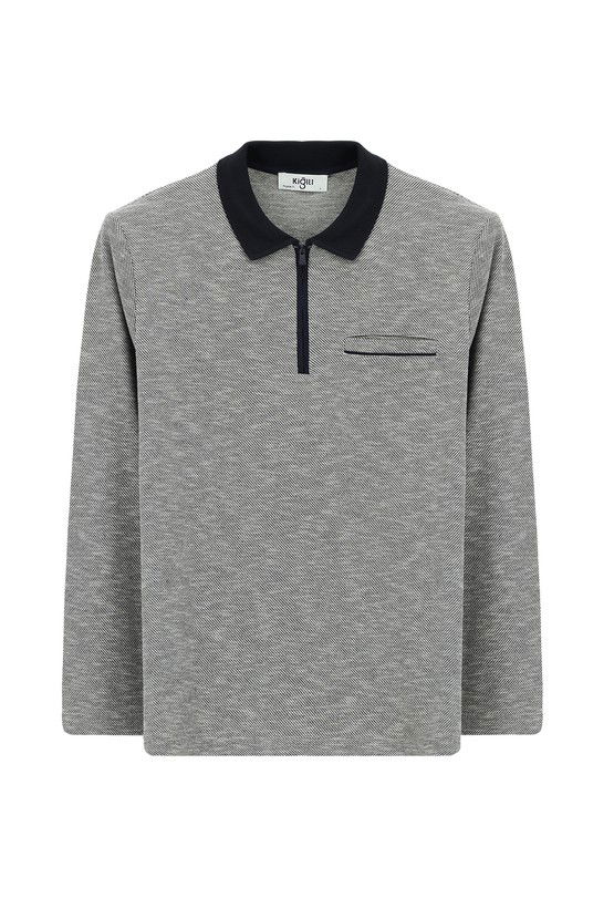 Erkek Giyim - Polo Yaka Regular Fit Desenli Fermuarlı Pamuklu Sweatshirt