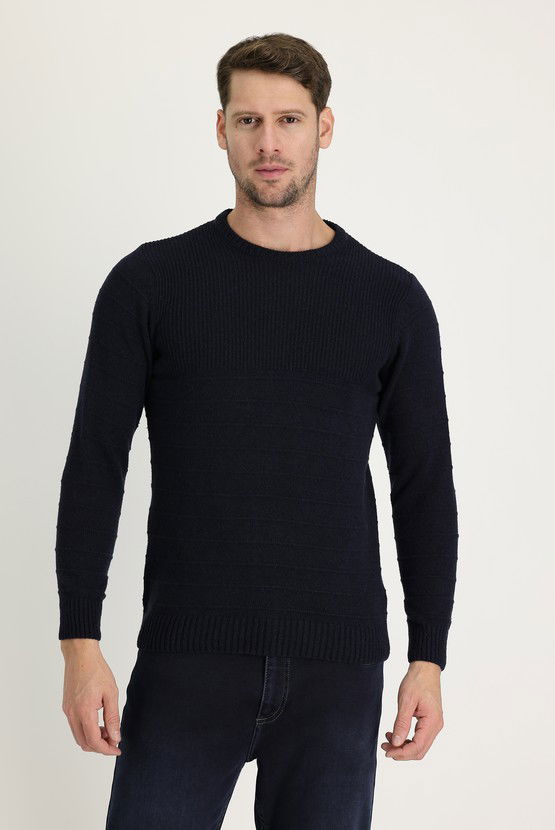 Erkek Giyim - Bisiklet Yaka Slim Fit Dar Kesim Desenli Triko Kazak